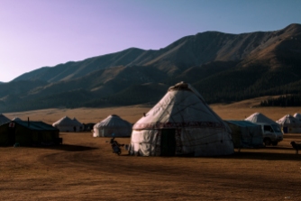 Stand of yurts located near Sayram Lake, near the Chinese border with Kazakhstan.